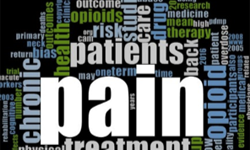 A word cloud for the word pain, includes other words like chronic, patients, treatment, opioid